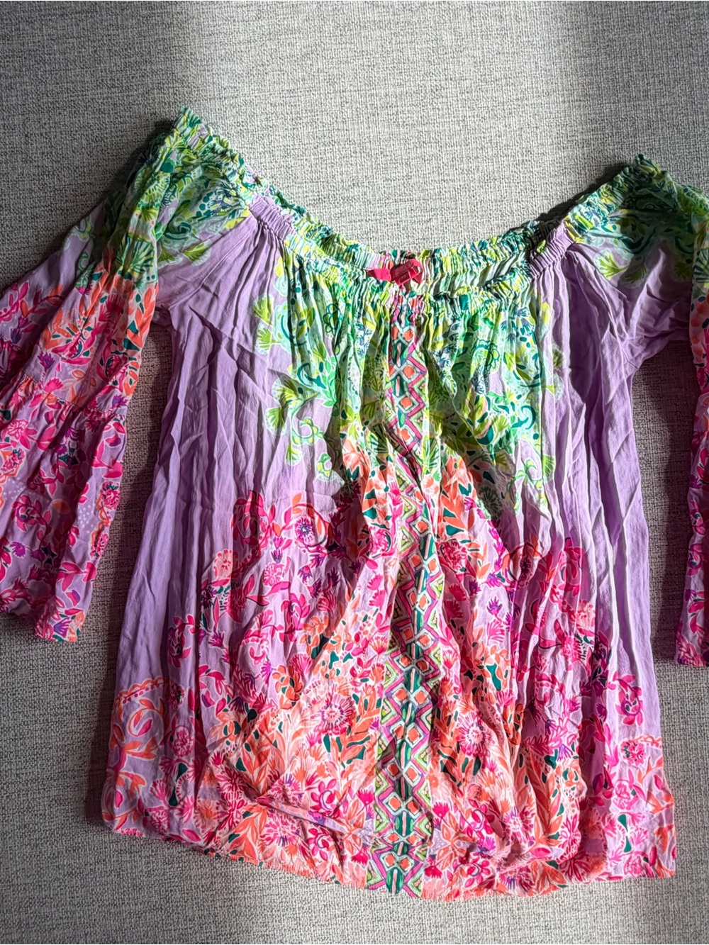 Boho Off-Shoulder Floral Peasant Top - Lavender Multi